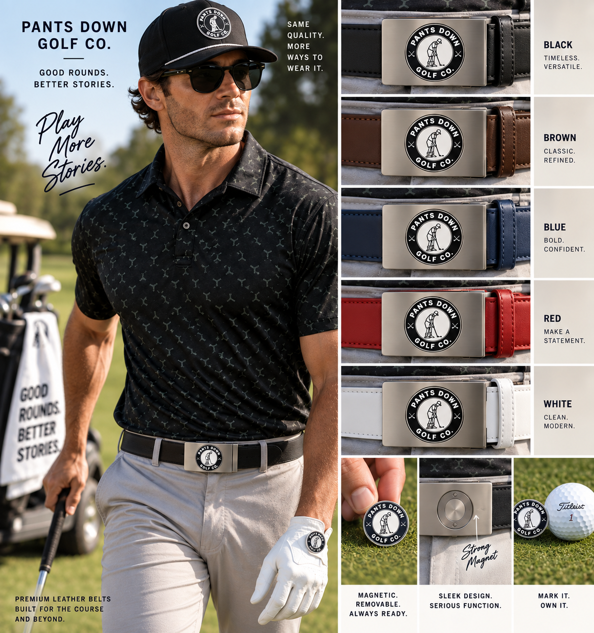 Pants Down Golf Co. premium leather belts in Black, Brown, Blue, Red, and White with magnetic ball marker