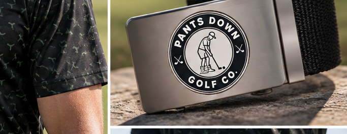 Pants Down Golf Co. glove packaging with ball and tee