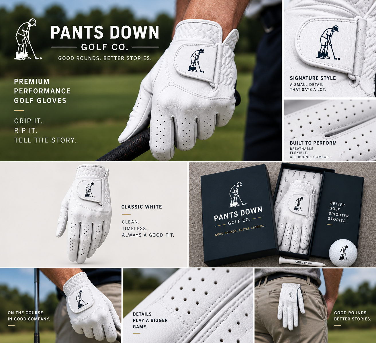 Pants Down Golf Co. Premium Performance Golf Gloves — Classic White detail sheet