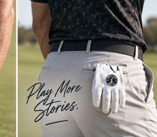 White golf glove tucked in back pocket on the course