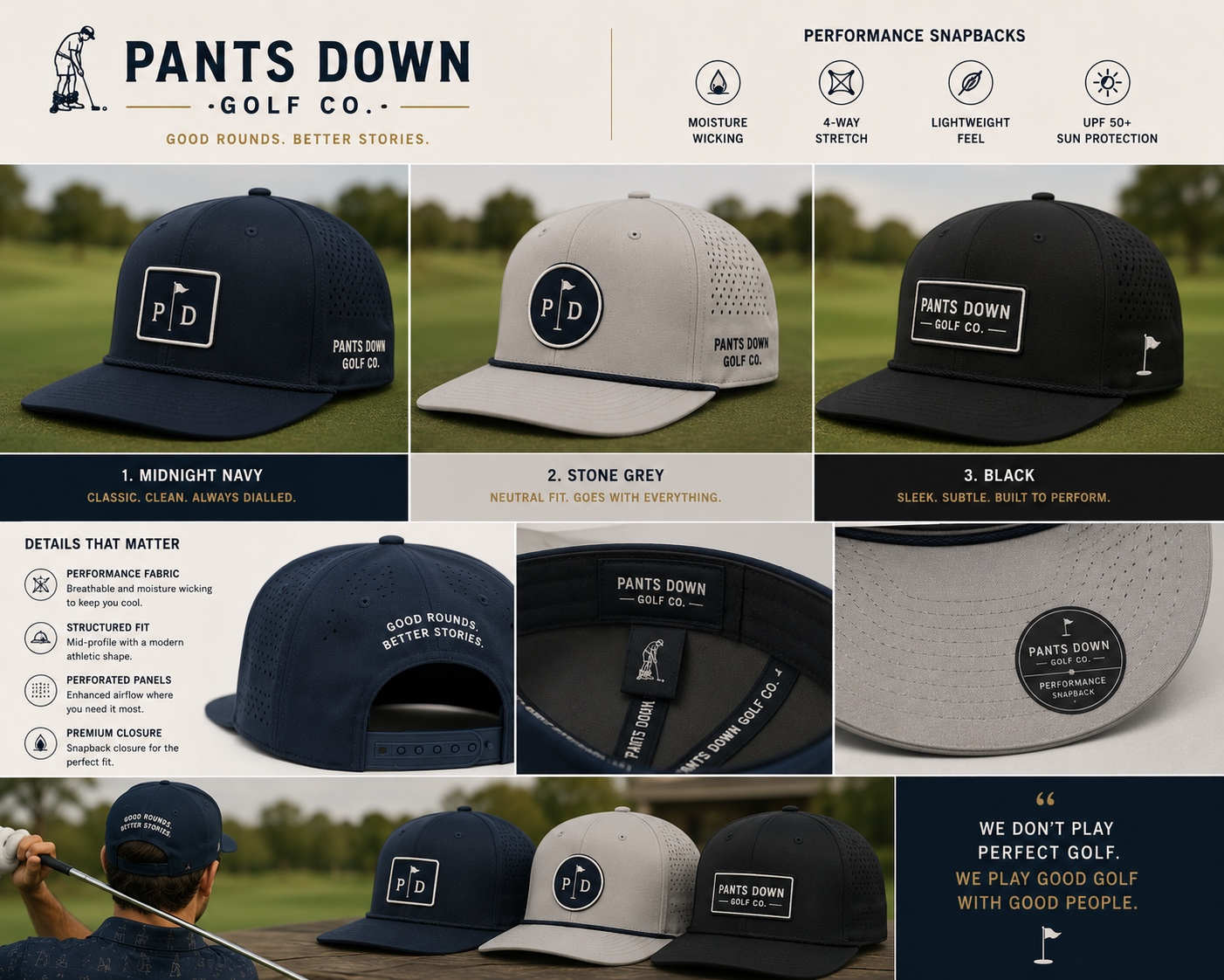 Detail shots of Pants Down Golf Co. snapback hats